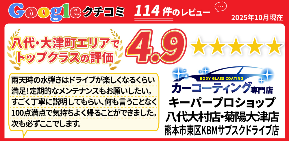 カーコーティング専門店 キーパースズキアリーナ八代店/菊陽大津店は高級ガラスコーティングが驚きの低価格！直前予約でも14560円からと他社圧倒の格安料金となっております。年間実績は1700台を突破！WEB限定で最大20％OFF、代車も無料でお貸出ししております！ コーティング専用の防塵ブースも完備しており、熟練のカーコーティング施工で最短2時間で施工完了。
